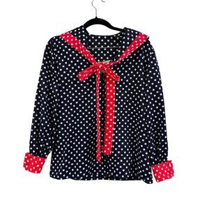 Vtg 70s Kay Silver Red White Blue Polka Dot Sailor Collar Blouse Size 14 Usa